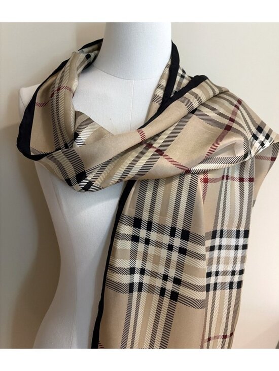 Fraas Accessories - V. Fraas 100% Silk Plaid Silk Scarf 71 X 13" Beige Red Black Old Money Luxury